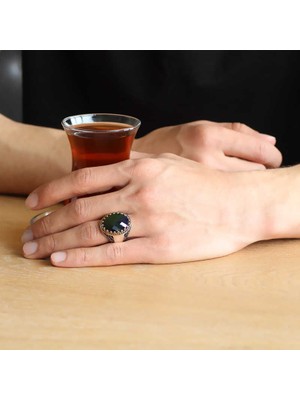 Gumush Gümüş Yeşil Zirkon Taşlı Erkek Yüzük