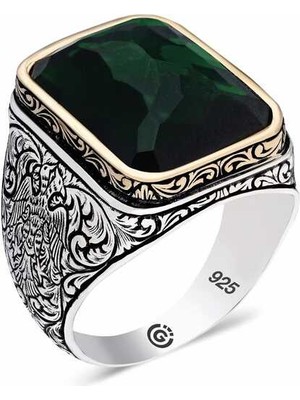 Gumush Gümüş Zirkon Yeşil Taşlı Kare Erkek Yüzük