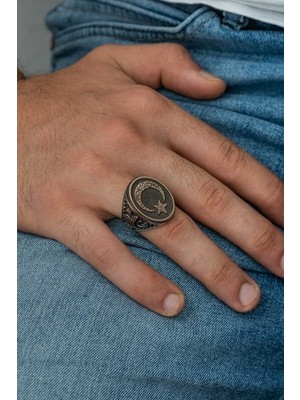 Gumush Gümüş Göktürkçe Alfabesi Yazılı Ay Yıldız Erkek Yüzük