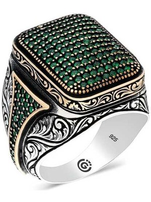 Gumush Gümüş Yeşil Zirkon Taşlı Kare Erkek Yüzük