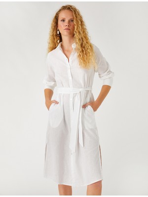 Koton Midi Boy Gömlek Elbise Keten Karışımlı