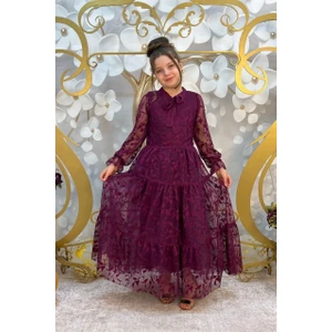 Abiye Kids Mürdüm Dantelli Çocuk Abiye ABY4463