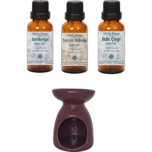 Minia Bahçe Sardunya (Itır) Yağı 10 ml, Tarçın Kabuğu Yağı 10 ml, Ada Çayı Yağı 10 ml ve Buhurdanlık