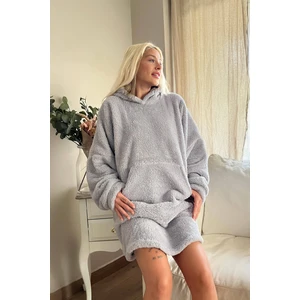 Pijama Evi Gri Kapşonlu Tam Peluş Oversize Sweat Panço Pijama