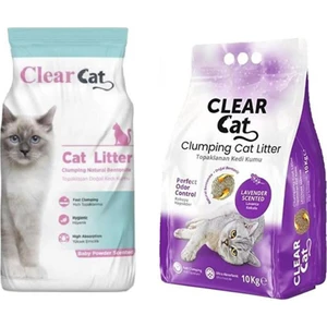 Clear Cat Clearcat Lavantalı Topak Bento Kedi Kumu Ince 10 kg + Pudralı Bentonit Kedi Kumu Ince 10 kg