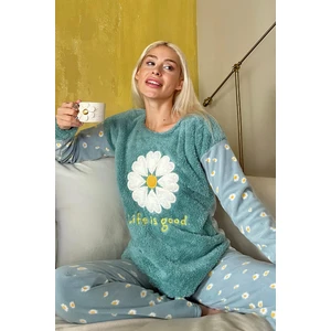 Pijama Evi Yeşil Life Is Good Desenli Kadın Peluş Pijama Takımı