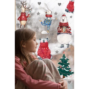 Yılbaşı Cam Duvar Süsü, Kış Konseptli Ayıcıklar ve Sevimli Hayvanlar Sticker Seti