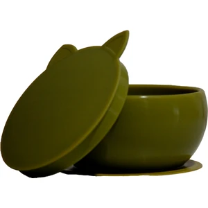 Kitten Vakum Tabanlı Kapaklı Silikon Kase Olive Green