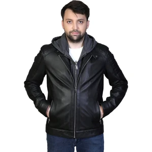 Danny Hakiki Deri Kapüşonlu Erkek Siyah Ceket-Mont 