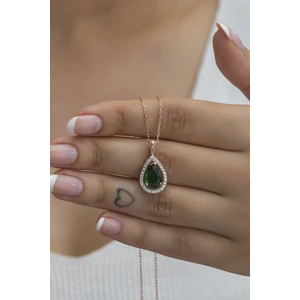 925 Ayar Gümüş Yeşil Taşlı Damla Tektaş Kolye