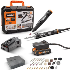 WX988 Makerx 20VOLT 2.0AH. Kömürsüz Profesyonel Kalem Tipi Devir Ayarlı Gravür Seti + Kalem Tipi Dijital Lehim ve Ahşap Yakma Seti + 46 Parça Aksesuar