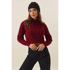 AQE FASHION Yarım Balıkçı Yaka Saç Örgülü Kısa Crop Siyah Kazak