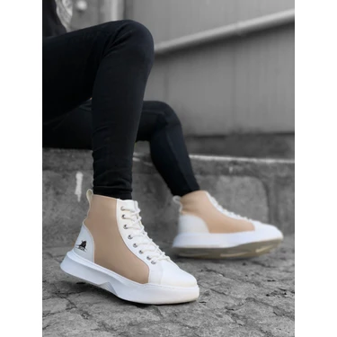 11boa BA0256 Bağcıklı Erkek Yüksek Taban Beyaz Krem Taban Spor