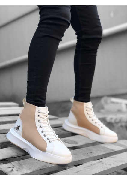 BA0256 Bağcıklı Erkek Yüksek Taban Beyaz Krem Taban Spor Bot fiyatları
