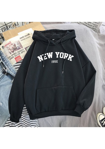 Oversize Siyah New York 199X Baskılı Kapüşonlu Sweatshirt