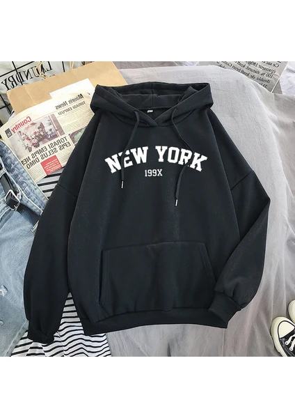 Dream Butik Oversize Siyah New York 199X Baskılı Kapüşonlu Sweatshirt