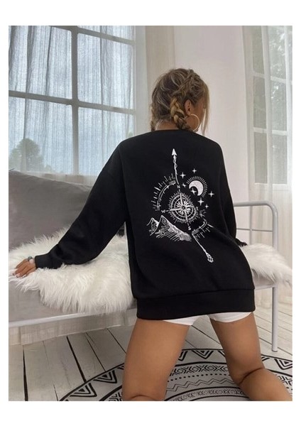 Oversize Siyah Pusula Sırt Baskılı Sweatshirt fiyatları