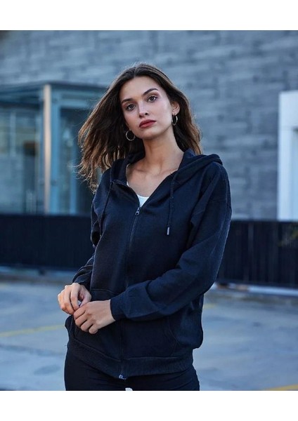 Siyah Kapüşonlu Fermuarlı Oversize Swatshirt