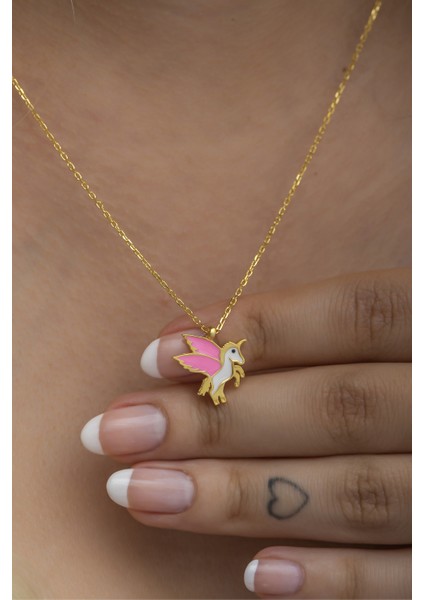 925 Ayar Gümüş Gold Pembe Mineli Unicorn Kolye