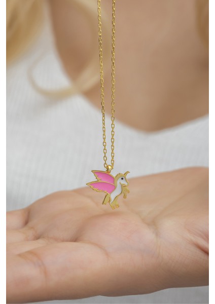 925 Ayar Gümüş Gold Pembe Mineli Unicorn Kolye fiyatları