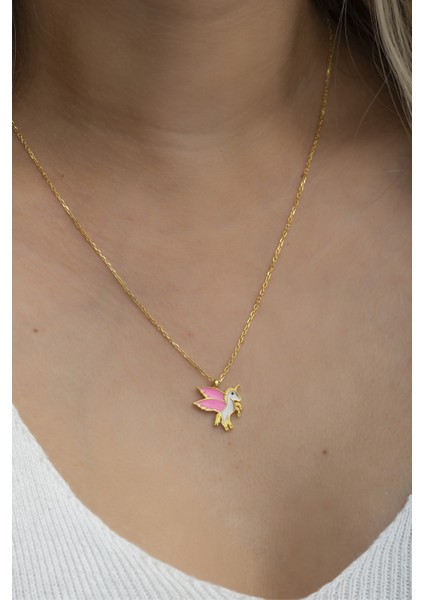 925 Ayar Gümüş Gold Pembe Mineli Unicorn Kolye modelleri