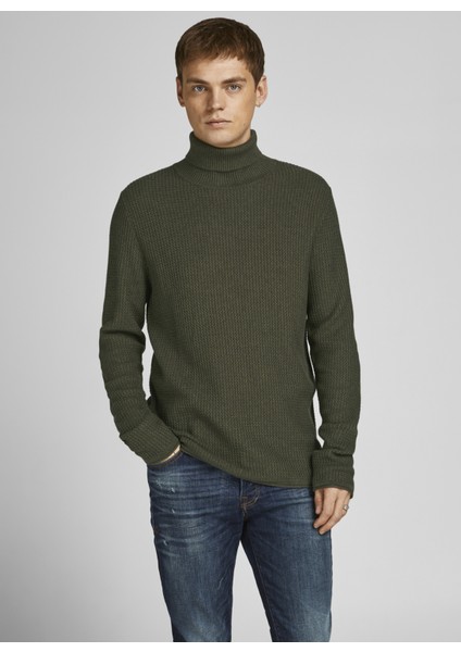 Balikçi Yaka Düz Haki Erkek Kazak 12199940_JPRBLUCARLOS Knit Roll Nec