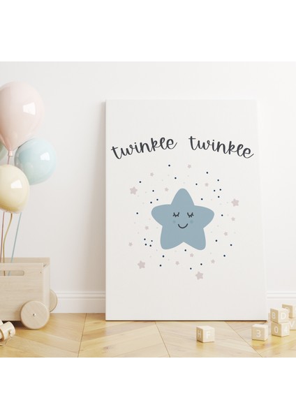 Parlayan Neşeli Yıldız ve Twinkle Twinkle Yazılı Çocuk Odası Kanvas Tablo