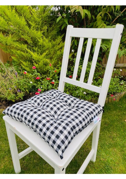 Lüx Pofidik Ekose Siyah Sandalye Minderi Özel Dikişli Bağcıklı Minder 35X35CM Kare Sandalye Minderi
