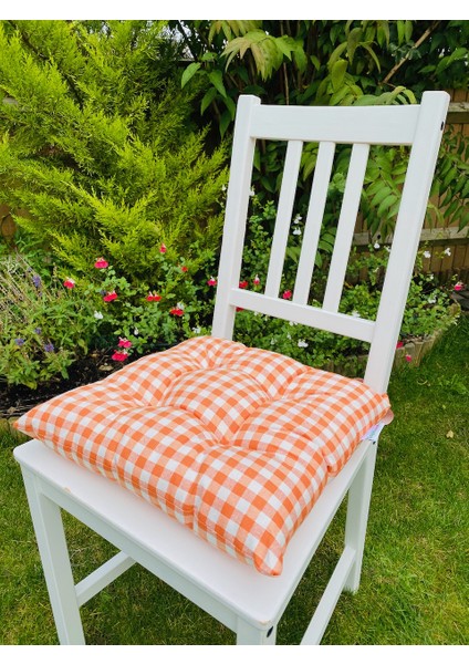 4'lü Pamuklu Minder Seti Ekose Turuncu Bağcıklı Bahçe Sandalye MINDERI-40X40 cm 4 Adet Minder Seti