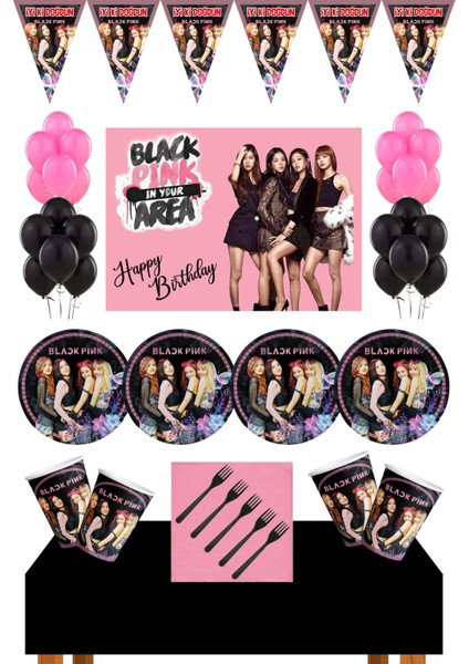 Black Pink 16 Kişilik Afişli Doğum Günü Seti Black Pink Parti Malzemeleri Seti