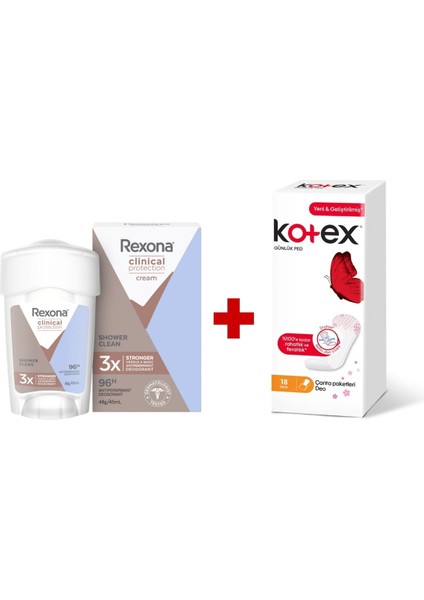 Clinical Protection Kadın Stick Deodorant Shower Clean 45 ml + Kotex Günlük Ped 18'li