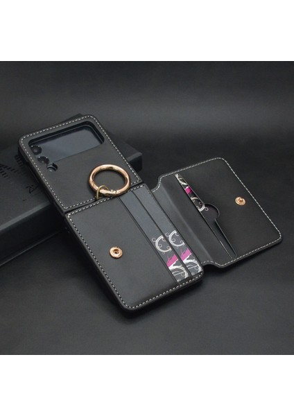 Samsung Galaxy Z Flip 4 Kart Cüzdan Parmak Yüzük Pu Deri Tam Koruma Cep Telefonu Kılıfı Kapağı (Yurt Dışından)