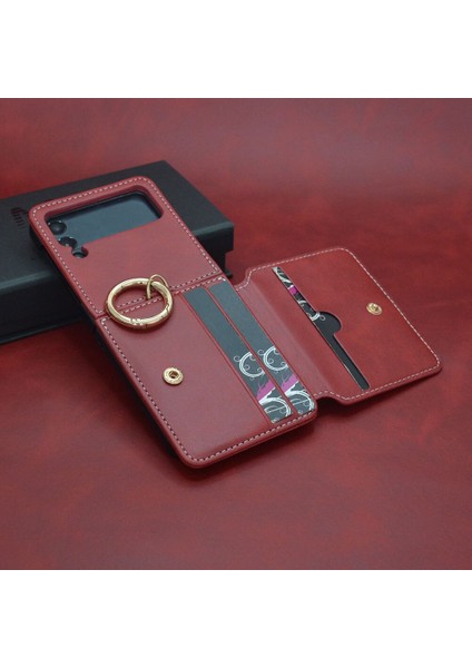 Samsung Galaxy Z Flip 4 Kart Cüzdan Parmak Yüzük Pu Deri Tam Koruma Cep Telefonu Kılıfı Kapağı (Yurt Dışından)