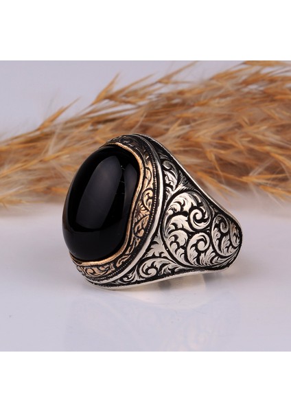 Kalem Işleme Motifli Oval Model Onıx Taşlı Gümüş Yüzük fiyatları