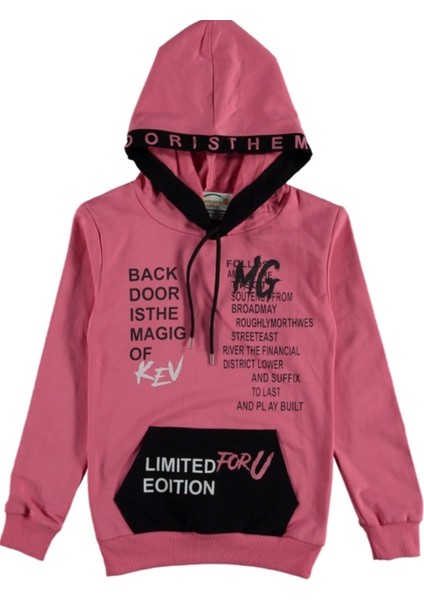 Kız Çocuk Back Yazı Desenli Kanguru Cepli Kapüşonlu Sweatshirt