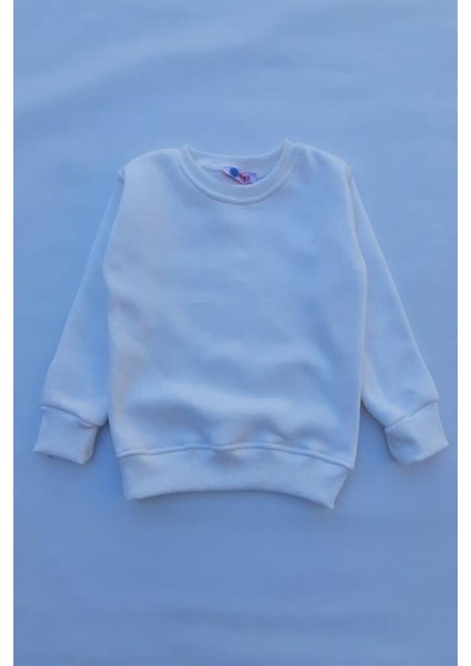 Unisex Beyaz Basic Içi Polarlı Örme Kalın Sweatshirt