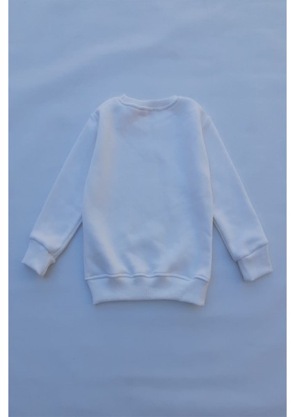 Unisex Beyaz Basic Içi Polarlı Örme Kalın Sweatshirt