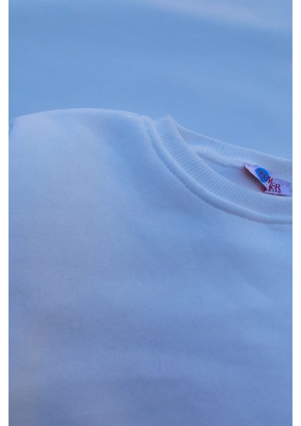 Unisex Beyaz Basic Içi Polarlı Örme Kalın Sweatshirt