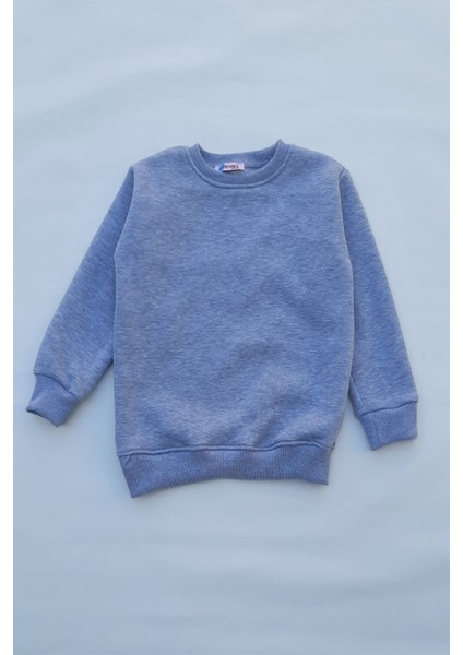Unisex Gri Basic Içi Polarlı Örme Kalın Sweatshirt