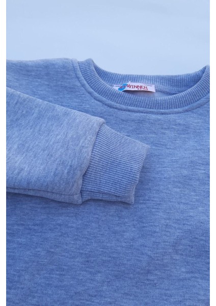 Unisex Gri Basic Içi Polarlı Örme Kalın Sweatshirt