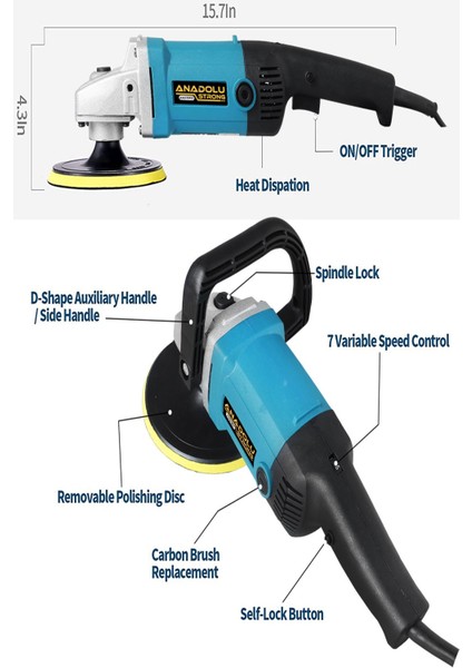 Anadolu Strong 3500 Watt Profesyonel Polisaj Makinesi Seti 6 Kademeli Devir Ayarı 13 Parça Pasta Cila Süger Pedi Seti