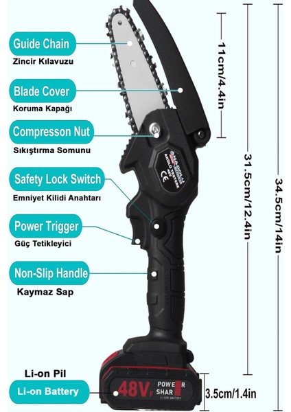 Anadolu Strong Çift Akülü Çift Zincirli Budama Testeresi Taşıma Çantalı 48VF Şarjlı Testere Eldiven Hediyeli