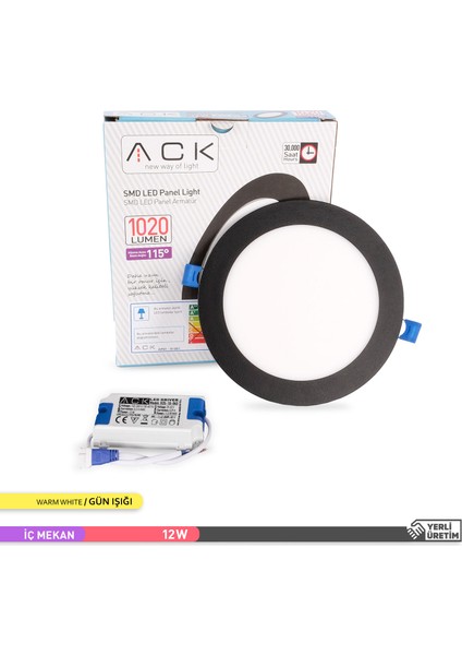 12W Sıva Altı Yuvarlak LED Panel Armatür Siyah Gövde 3000K Gün Işığı
