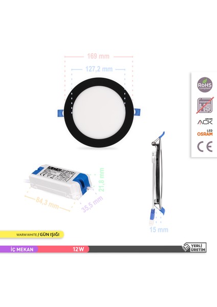 12W Sıva Altı Yuvarlak LED Panel Armatür Siyah Gövde 3000K Gün Işığı