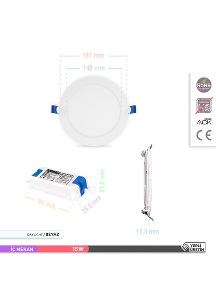 15W Sıva Altı Yuvarlak LED Panel Armatür Beyaz Gövde 6500K Beyaz indirimleri