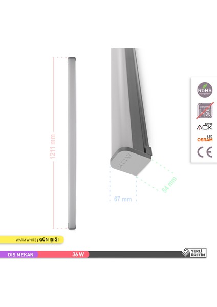 36W LED Bant Etanj Armatür 3000K Gün Işığı 120CM indirimleri