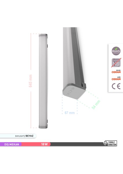 18W LED Bant Etanj Armatür 6500K Beyaz 61CM indirimleri