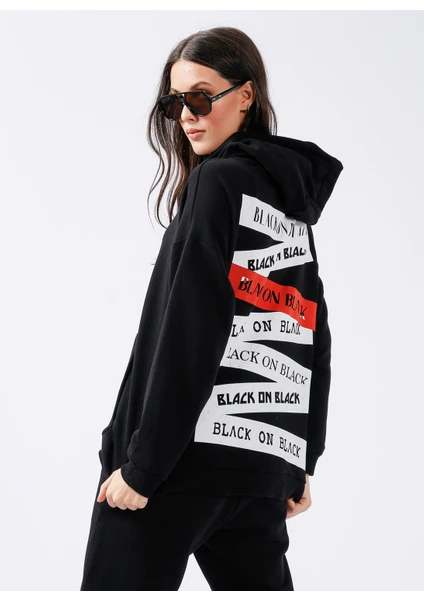 Black On Black Kapüşon Yaka Baskılı Siyah Kadın Sweatshirt K-Patro