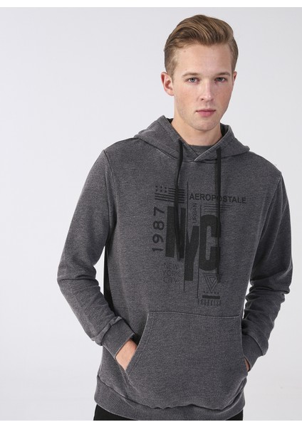 Kapüşon Yaka Baskılı Antrasit Erkek Sweatshirt E-Washed