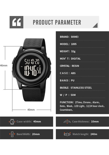 Erkekler Günlük Geri Sayım Spor Saatleri LED Işık Chrono Çalar Saat 5bar Suya Dayanıklı Dijital Kol Saati (Yurt Dışından)